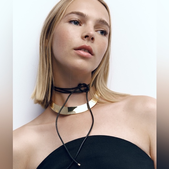 NWT. Zara Leather Cord Metal Plaque Necklace. - Picture 1 of 7